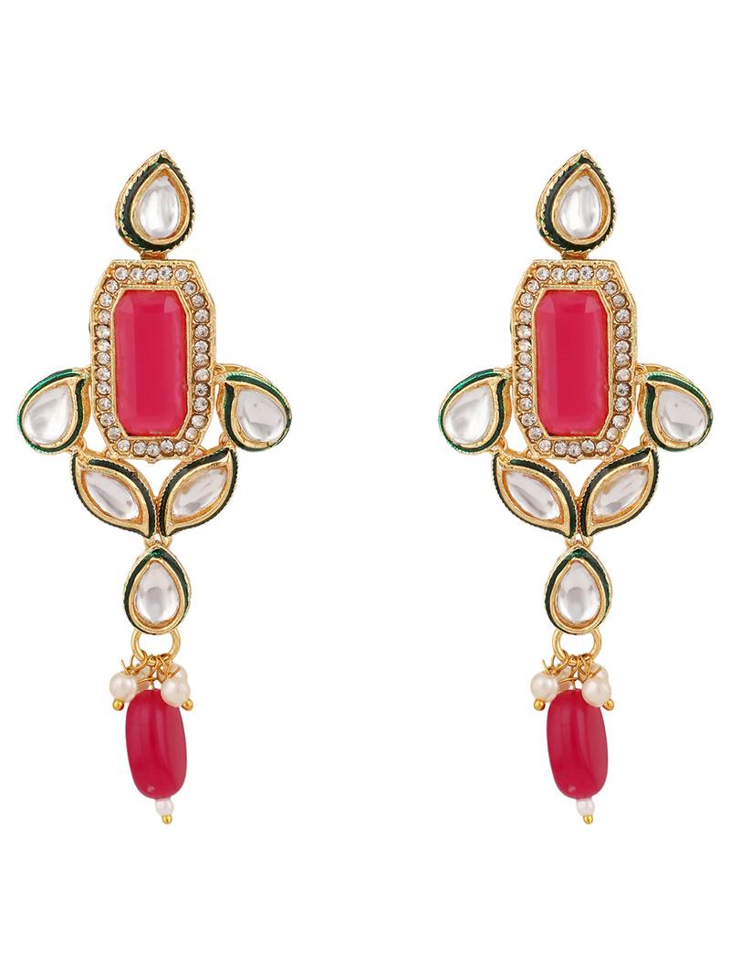 Styylo Fashion Geometric Shape Traditional Rose Pink Kundan and Beads Necklace Earring And Maangtika