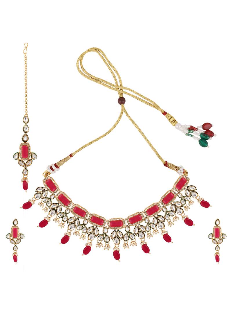 Styylo Fashion Geometric Shape Traditional Rose Pink Kundan and Beads Necklace Earring And Maangtika