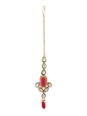 Styylo Fashion Geometric Shape Traditional Rose Pink Kundan and Beads Necklace Earring And Maangtika 5