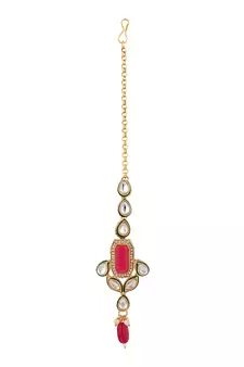 Styylo Fashion Geometric Shape Traditional Rose Pink Kundan and Beads Necklace Earring And Maangtika
