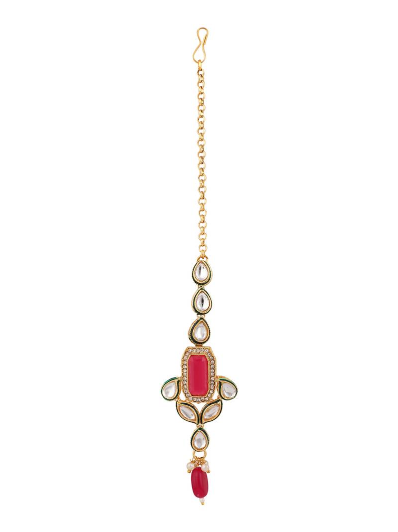 Styylo Fashion Geometric Shape Traditional Rose Pink Kundan and Beads Necklace Earring And Maangtika