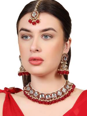 Styylo Fashion Red & White Stone Studded Pearl and Kundan Necklace With Earring and Maangtika 2