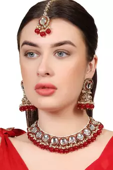 Styylo Fashion Red & White Stone Studded Pearl and Kundan Necklace With Earring and Maangtika