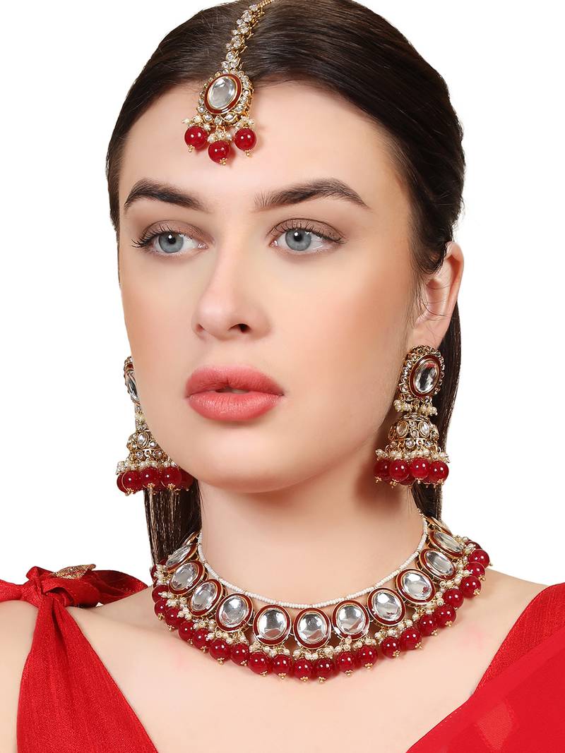 Styylo Fashion Red & White Stone Studded Pearl and Kundan Necklace With Earring and Maangtika