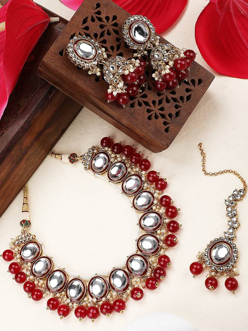 Styylo Fashion Red & White Stone Studded Pearl and Kundan Necklace With Earring and Maangtika