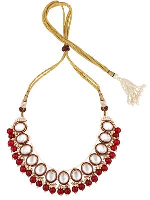 Styylo Fashion Red & White Stone Studded Pearl and Kundan Necklace With Earring and Maangtika 4