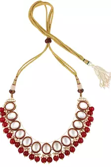Styylo Fashion Red & White Stone Studded Pearl and Kundan Necklace With Earring and Maangtika