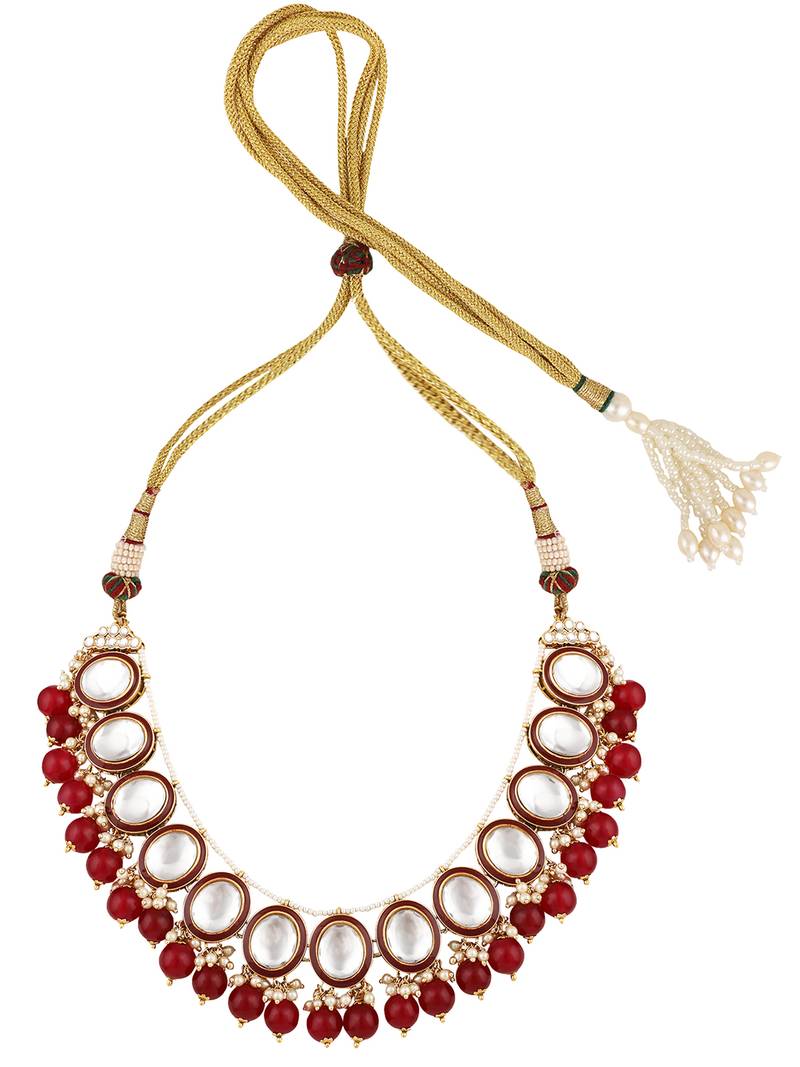 Styylo Fashion Red & White Stone Studded Pearl and Kundan Necklace With Earring and Maangtika