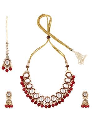 Styylo Fashion Red & White Stone Studded Pearl and Kundan Necklace With Earring and Maangtika 5