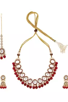 Styylo Fashion Red & White Stone Studded Pearl and Kundan Necklace With Earring and Maangtika