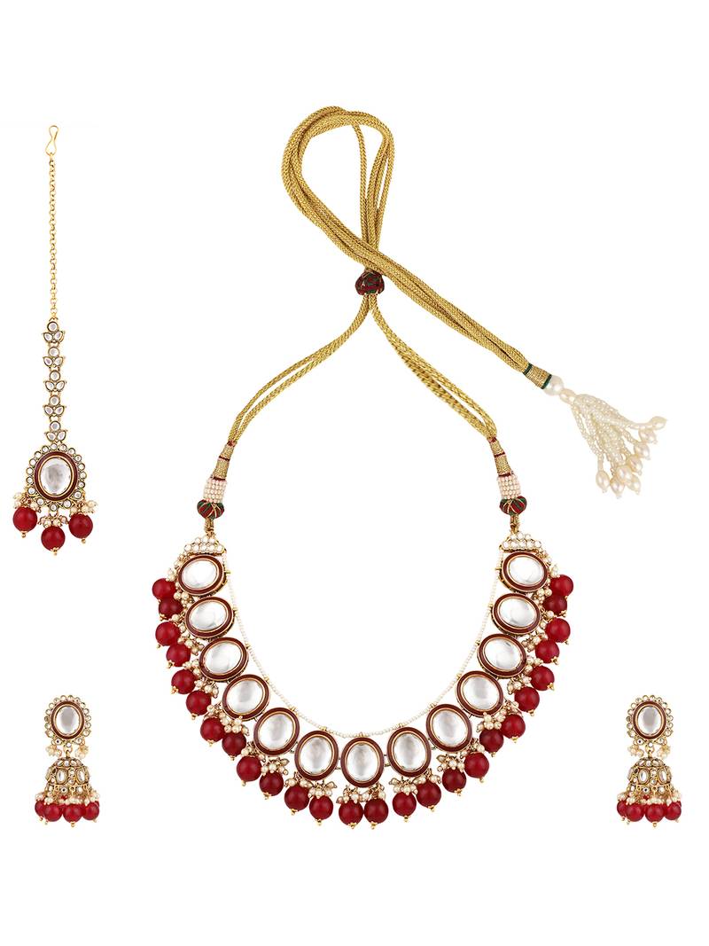 Styylo Fashion Red & White Stone Studded Pearl and Kundan Necklace With Earring and Maangtika