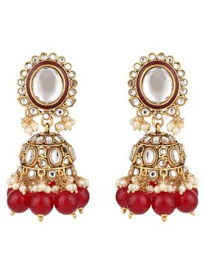 Styylo Fashion Red & White Stone Studded Pearl and Kundan Necklace With Earring and Maangtika 6