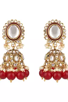 Styylo Fashion Red & White Stone Studded Pearl and Kundan Necklace With Earring and Maangtika