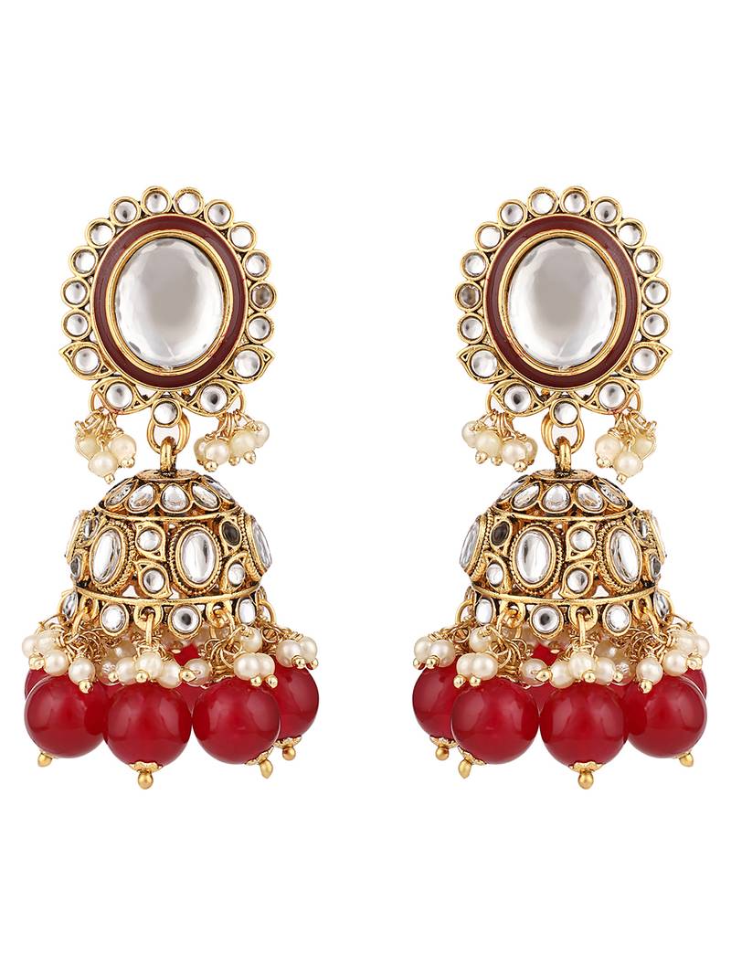 Styylo Fashion Red & White Stone Studded Pearl and Kundan Necklace With Earring and Maangtika