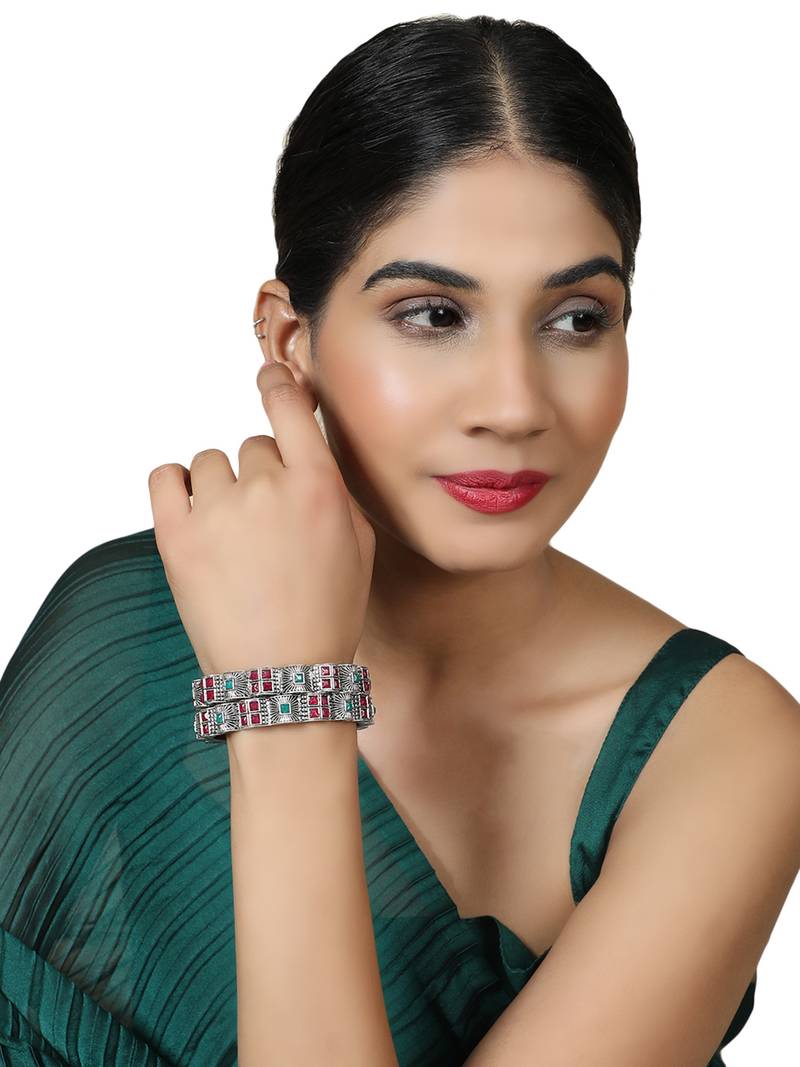 Styylo Fashion Set of 2 Silver Oxidised Curved Designed Red and Green Stone Studded Bangles