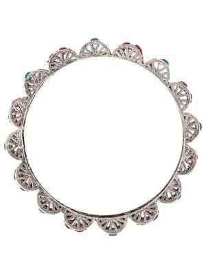 Styylo Fashion Set of 2 Silver Oxidised Curved Designed Red and Green Stone Studded Bangles 3