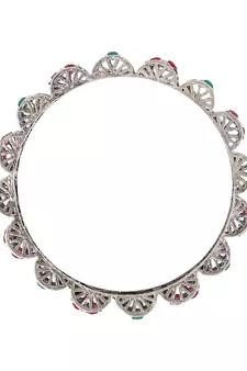 Styylo Fashion Set of 2 Silver Oxidised Curved Designed Red and Green Stone Studded Bangles