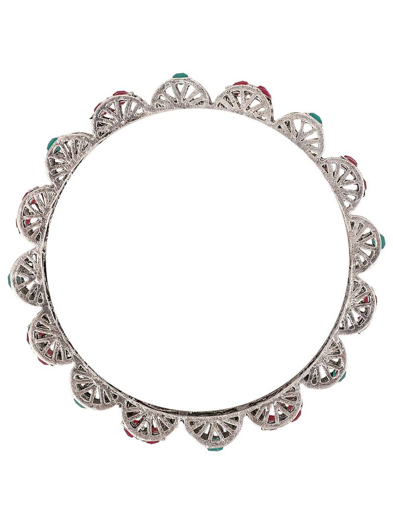Styylo Fashion Set of 2 Silver Oxidised Curved Designed Red and Green Stone Studded Bangles