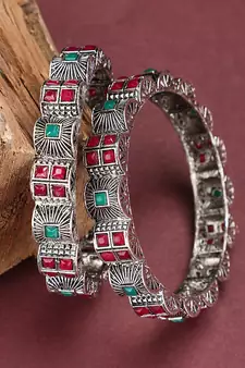 Styylo Fashion Set of 2 Silver Oxidised Curved Designed Red and Green Stone Studded Bangles