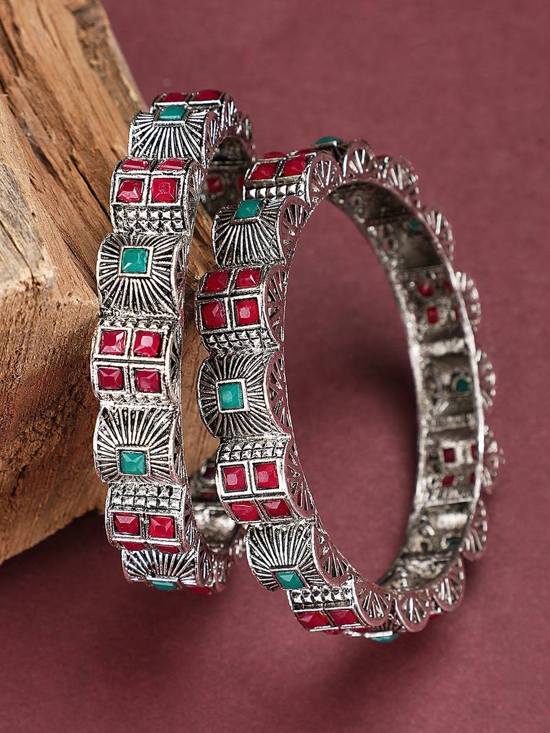 Styylo Fashion Set of 2 Silver Oxidised Curved Designed Red and Green Stone Studded Bangles