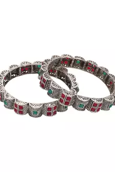 Styylo Fashion Set of 2 Silver Oxidised Curved Designed Red and Green Stone Studded Bangles