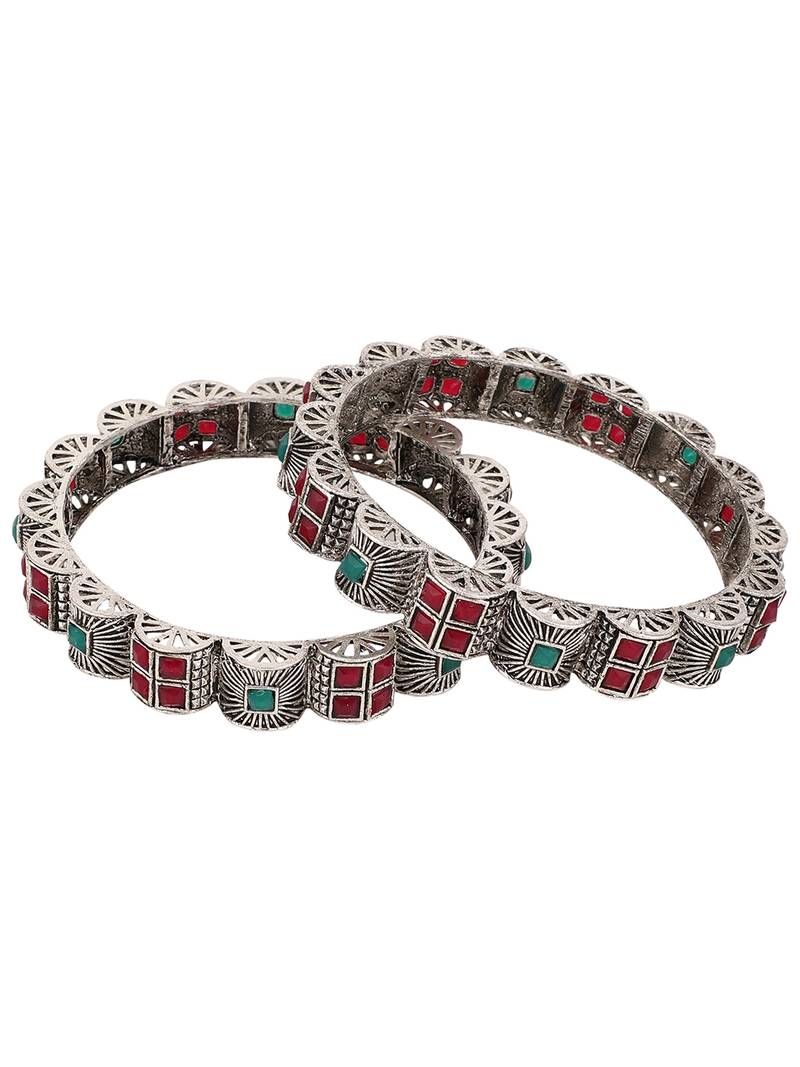 Styylo Fashion Set of 2 Silver Oxidised Curved Designed Red and Green Stone Studded Bangles