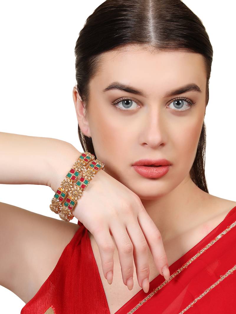 Styylo FashionSet Of Two 22K Gold-Plated Red & Green Stone Studded Square Pattern Handcrafted Bangles