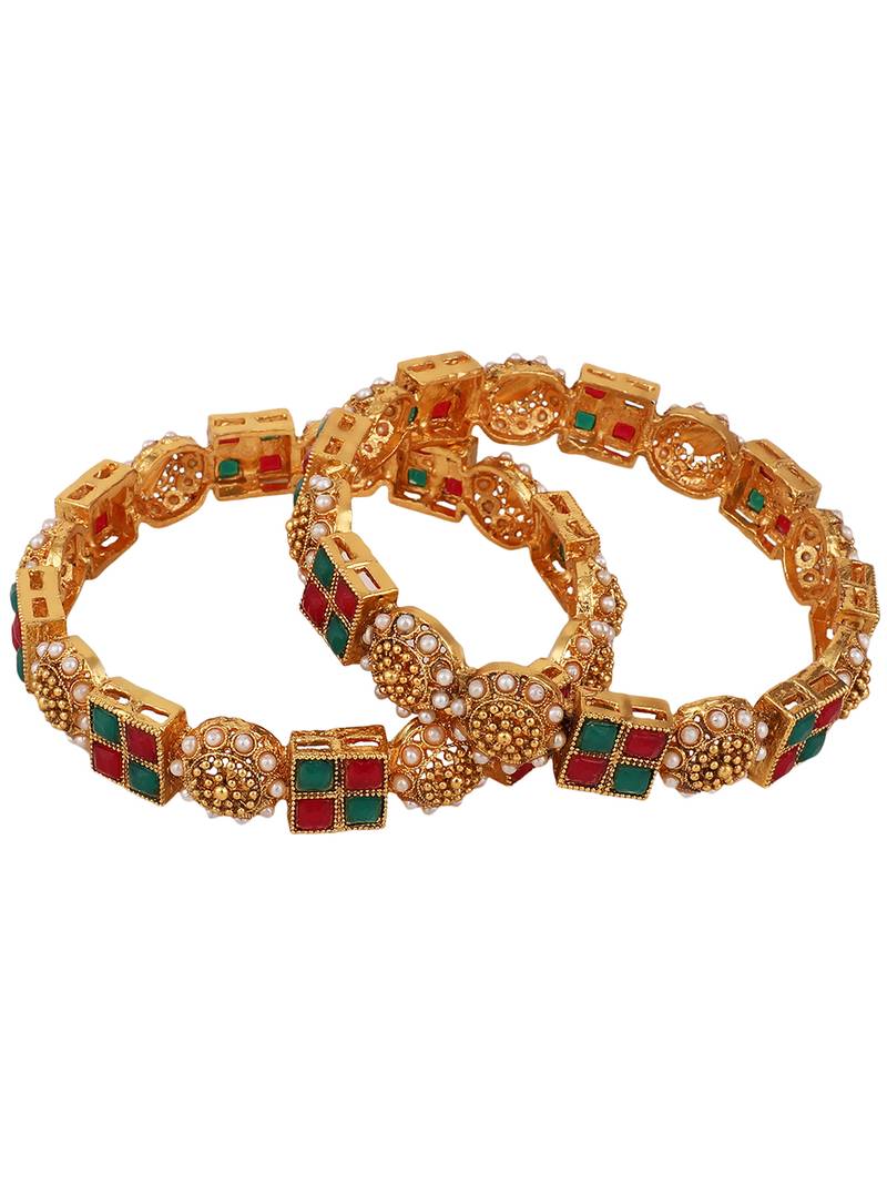 Styylo FashionSet Of Two 22K Gold-Plated Red & Green Stone Studded Square Pattern Handcrafted Bangles