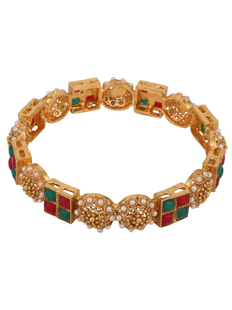 Styylo FashionSet Of Two 22K Gold-Plated Red & Green Stone Studded Square Pattern Handcrafted Bangles
