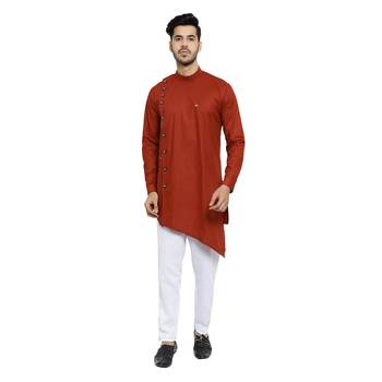 Rust Printed Cotton Kurta Churidar Pajama Set For Mens 1