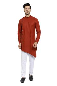 Rust Printed Cotton Kurta Churidar Pajama Set For Mens