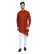Rust Printed Cotton Kurta Churidar Pajama Set For Mens