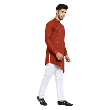 Rust Printed Cotton Kurta Churidar Pajama Set For Mens 2