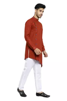 Rust Printed Cotton Kurta Churidar Pajama Set For Mens