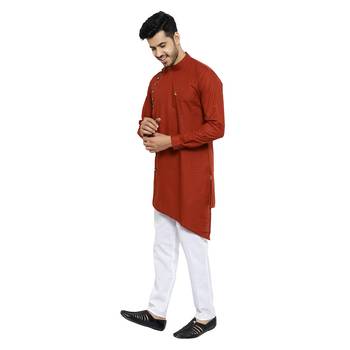 Rust Printed Cotton Kurta Churidar Pajama Set For Mens 3