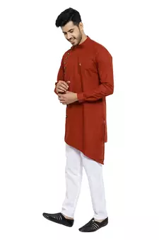 Rust Printed Cotton Kurta Churidar Pajama Set For Mens