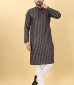 Black Cotton Printed Men's Kurta.