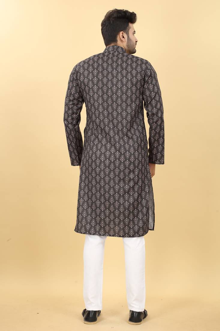 Black Cotton Printed Men's Kurta.
