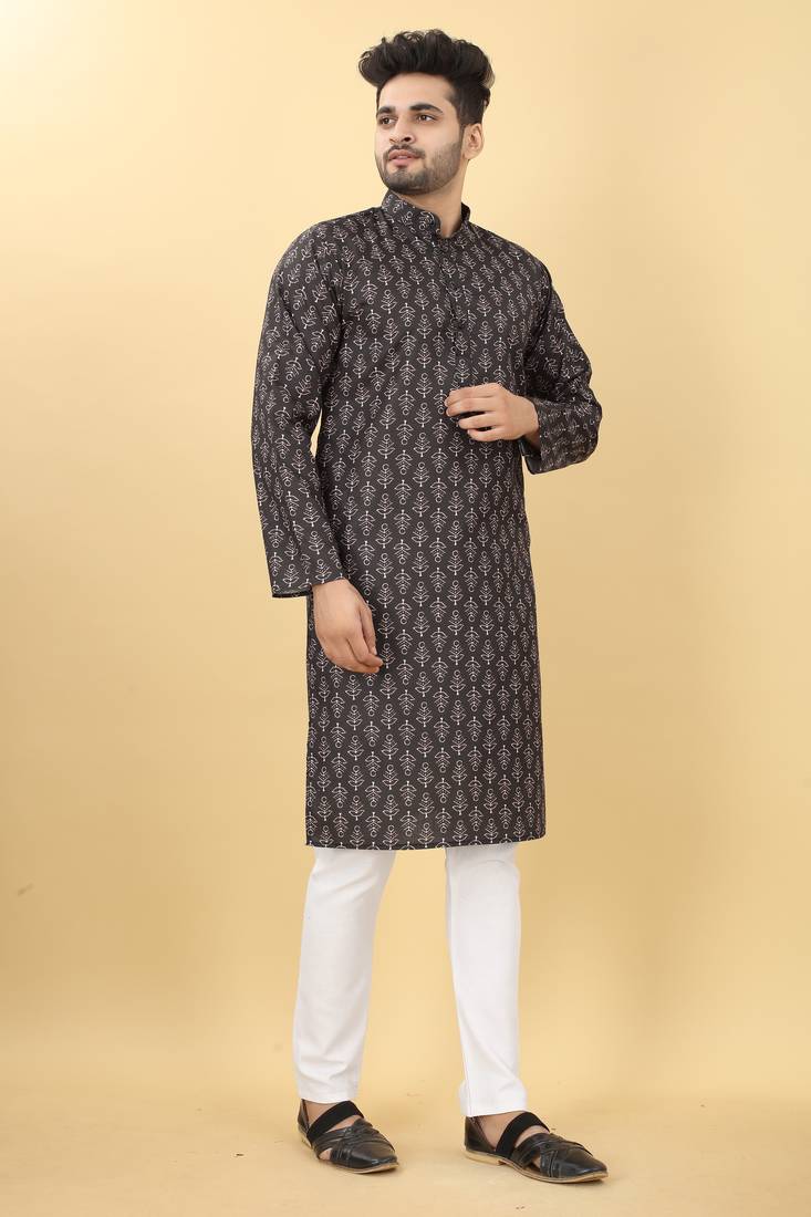 Black Cotton Printed Men's Kurta.