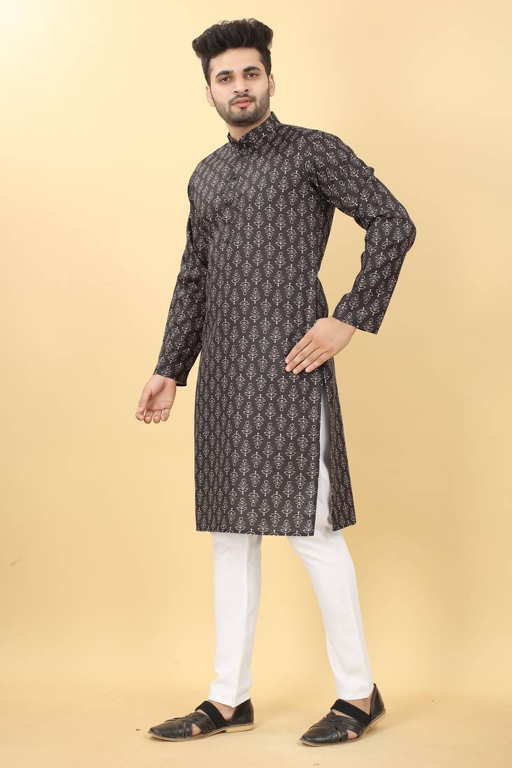 Black Cotton Printed Men's Kurta.