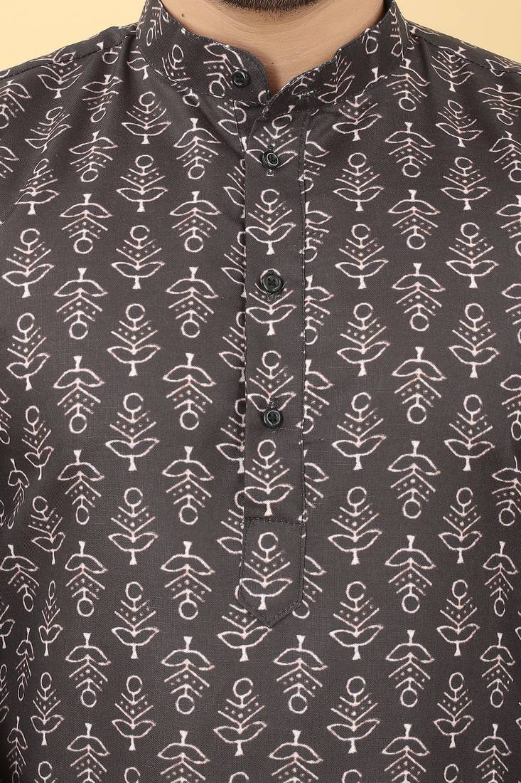 Black Cotton Printed Men's Kurta.