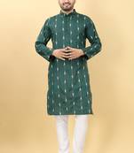 Green Semi Cotton Linen Printed Men's Kurta.