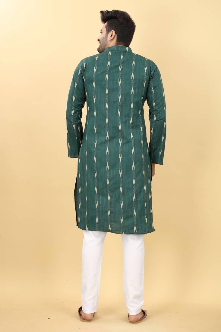 Green Semi Cotton Linen Printed Men's Kurta.