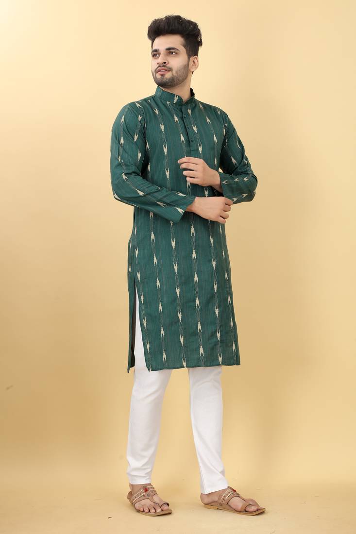 Green Semi Cotton Linen Printed Men's Kurta.