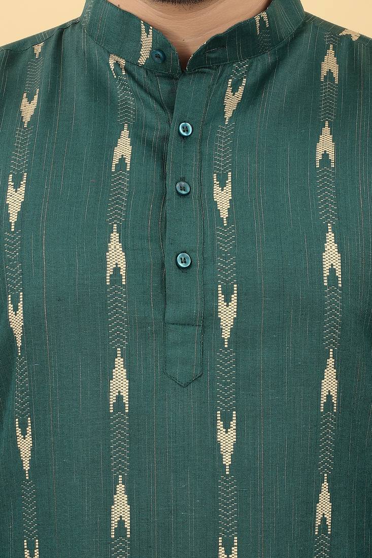Green Semi Cotton Linen Printed Men's Kurta.