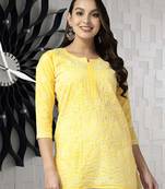 Indian Women Ethnic Motifs Hand Embroidered Yellow Cotton Lucknowi Chikankari Indian Women Short Kurti