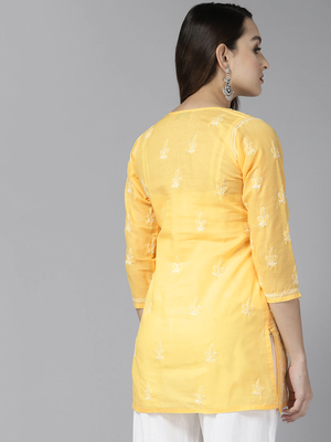 Indian Women Ethnic Motifs Hand Embroidered Yellow Cotton Lucknowi Chikankari Indian Women Short Kurti 2