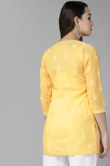 Indian Women Ethnic Motifs Hand Embroidered Yellow Cotton Lucknowi Chikankari Indian Women Short Kurti