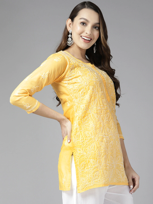 Indian Women Ethnic Motifs Hand Embroidered Yellow Cotton Lucknowi Chikankari Indian Women Short Kurti 3