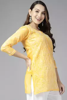 Indian Women Ethnic Motifs Hand Embroidered Yellow Cotton Lucknowi Chikankari Indian Women Short Kurti